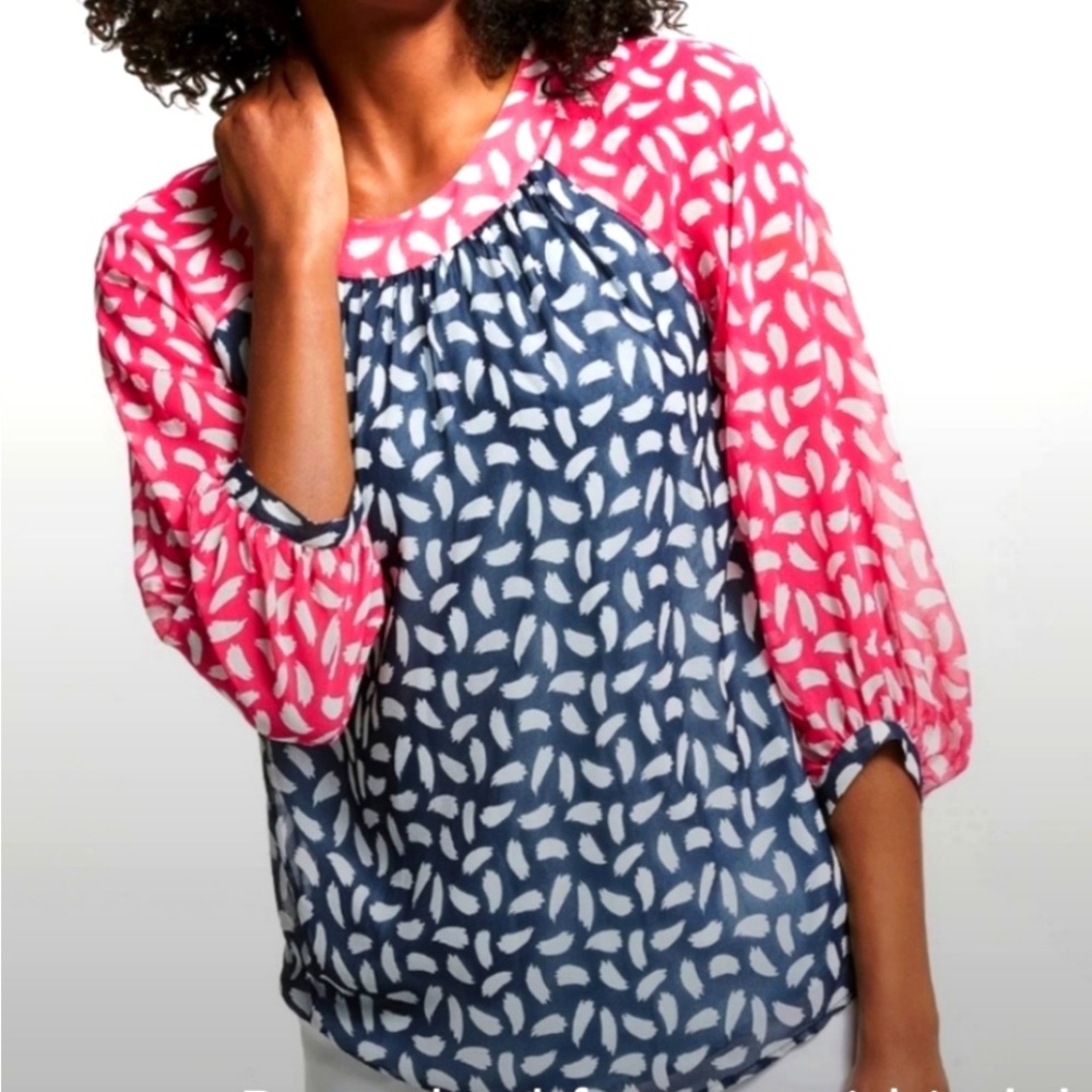 Boden Red White Navy Blue Printed Long Sleeve Ladies Blouse Size US 2 NWOT